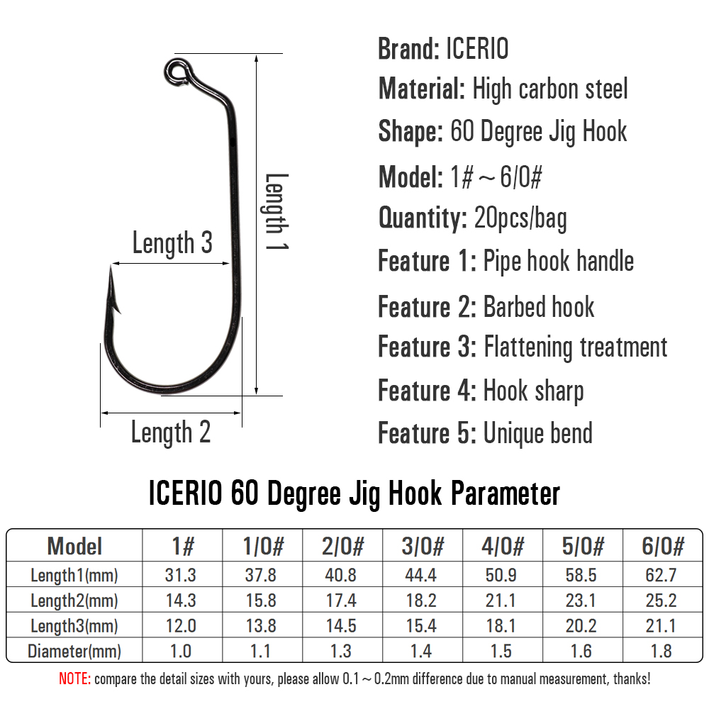 ICERIO 20PCS 60 Degree Jig Hoo - огляд і ціна Fishing Hook Barbless